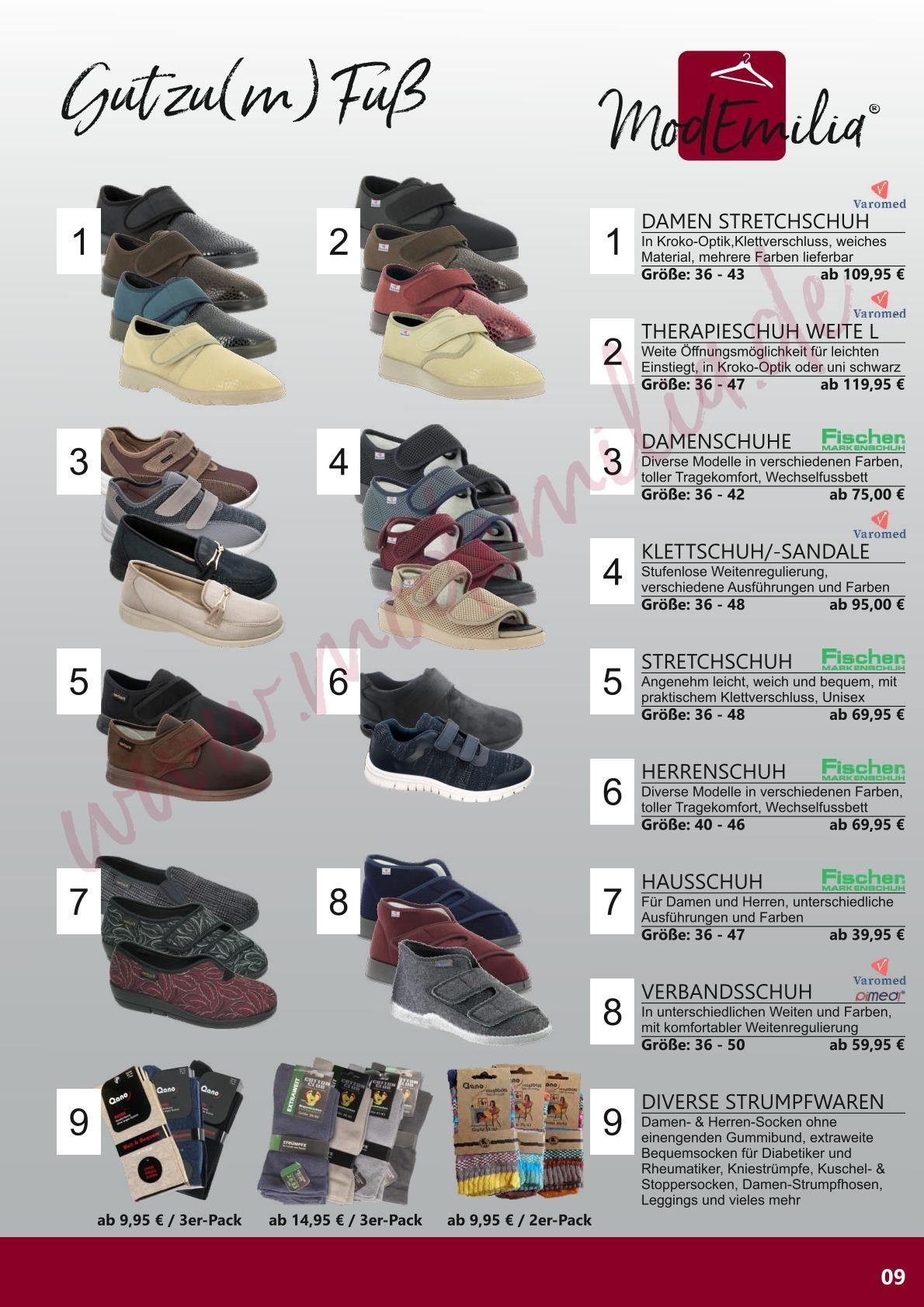 Katalog mit neun Sneaker-Modellen, nummerierten Fotos und einer Liste der Modellnamen und Farben auf der rechten Seite.