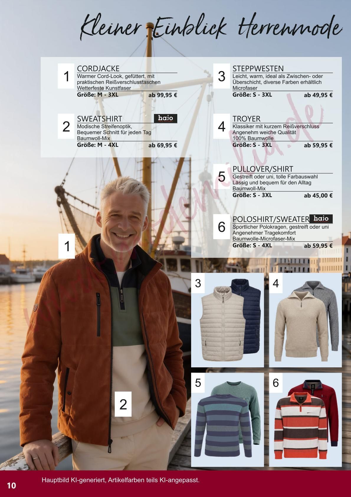 Modecollage eines Mannes in einer orangefarbenen Jacke mit nummerierten Outfit-Details und Produktfotos, Titel: 
