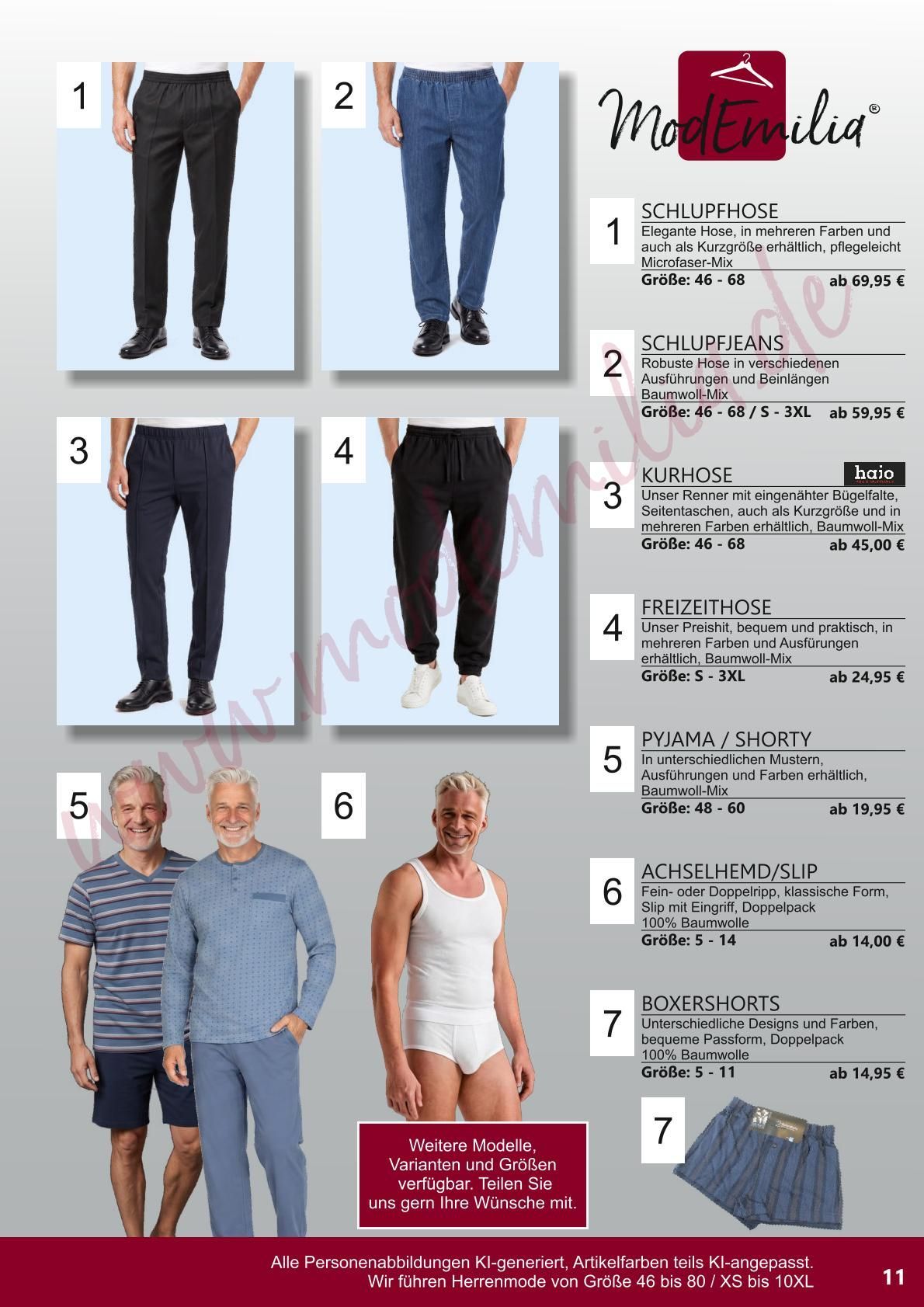 Schnittmusterbogen für Herren- und Damenbekleidung mit sieben Kleidungsstückvarianten und Maßangaben.