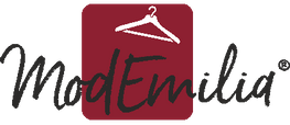 Ein rot-schwarzes Logo für Mod Emilia mit einem Kleiderbügel darauf