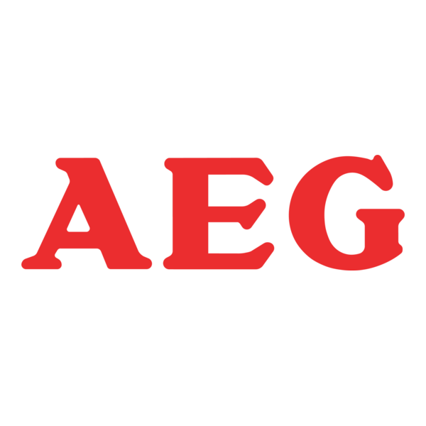 El logotipo rojo de la marca AEG, con letras mayúsculas en negrita y con serifa sobre un fondo blanco.