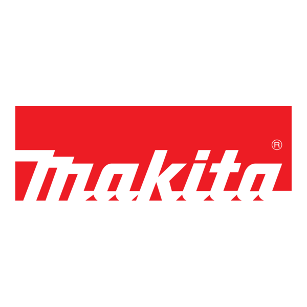 El logotipo blanco de la marca Makita centrado sobre un fondo rectangular rojo liso.