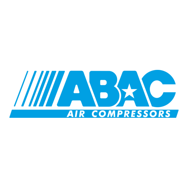 El logotipo azul de ABAC Air Compressors presenta una estrella dentro de la letra 'A' y líneas a la izquierda.