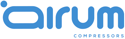 El logotipo azul y redondeado de Airum Compressors, con la palabra 