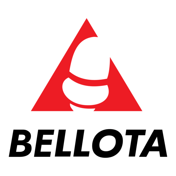 Un logotipo triangular rojo que contiene una bellota blanca estilizada, con la palabra "BELLOTA" en letras mayúsculas 