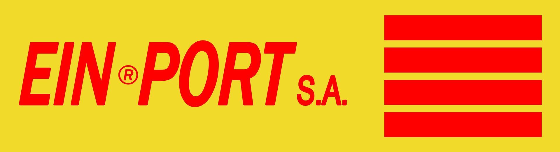 Logotipo de EIN-PORT SA con texto rojo sobre fondo amarillo, que incluye cuatro barras horizontales rojas a la derecha.