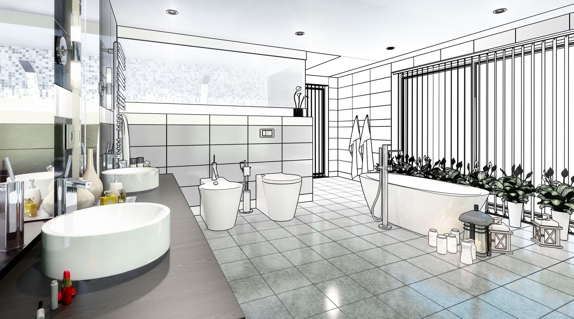 Un dessin en noir et blanc d'une salle de bain avec des lavabos et une baignoire