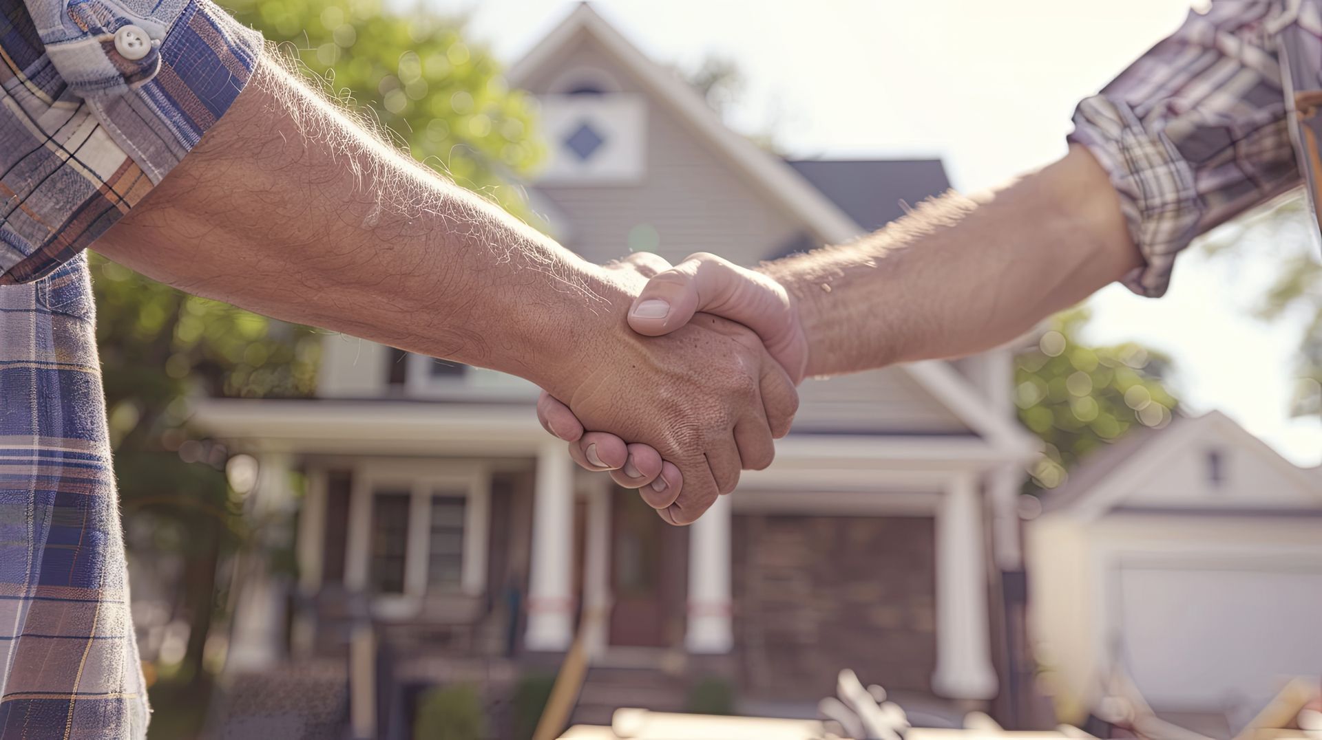 Deux hommes se serrent la main devant une maison en construction.