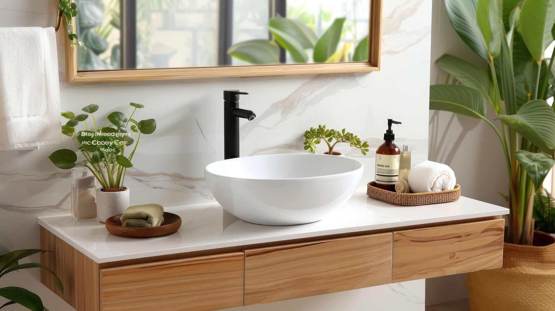 Une salle de bain avec un lavabo, un miroir et des plantes.