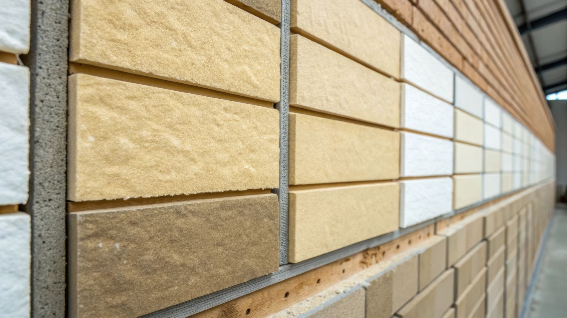 Échantillons de briques de différentes couleurs affichés sur un mur