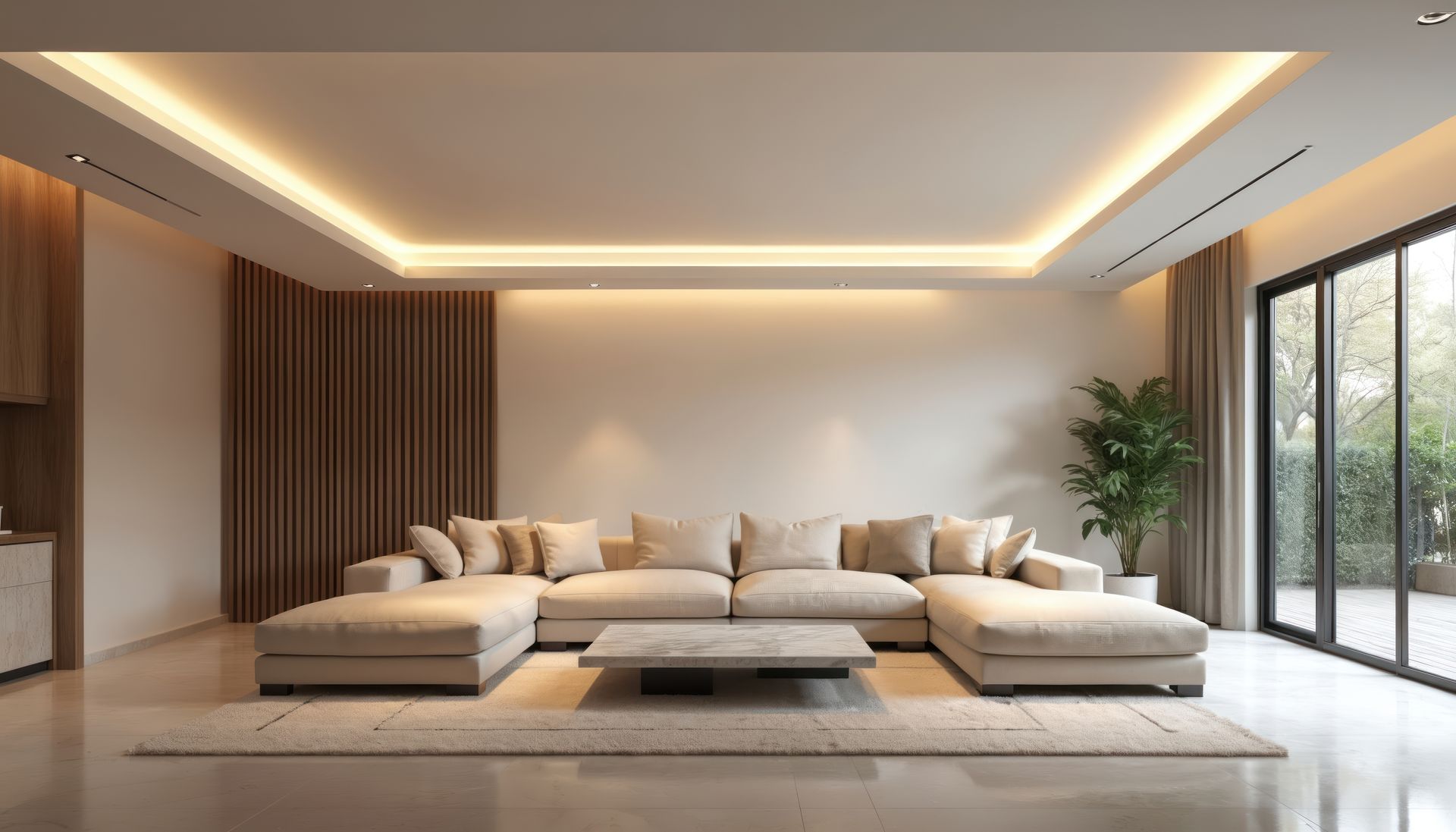 Canapé sectionnel beige dans un salon moderne aux tons neutres