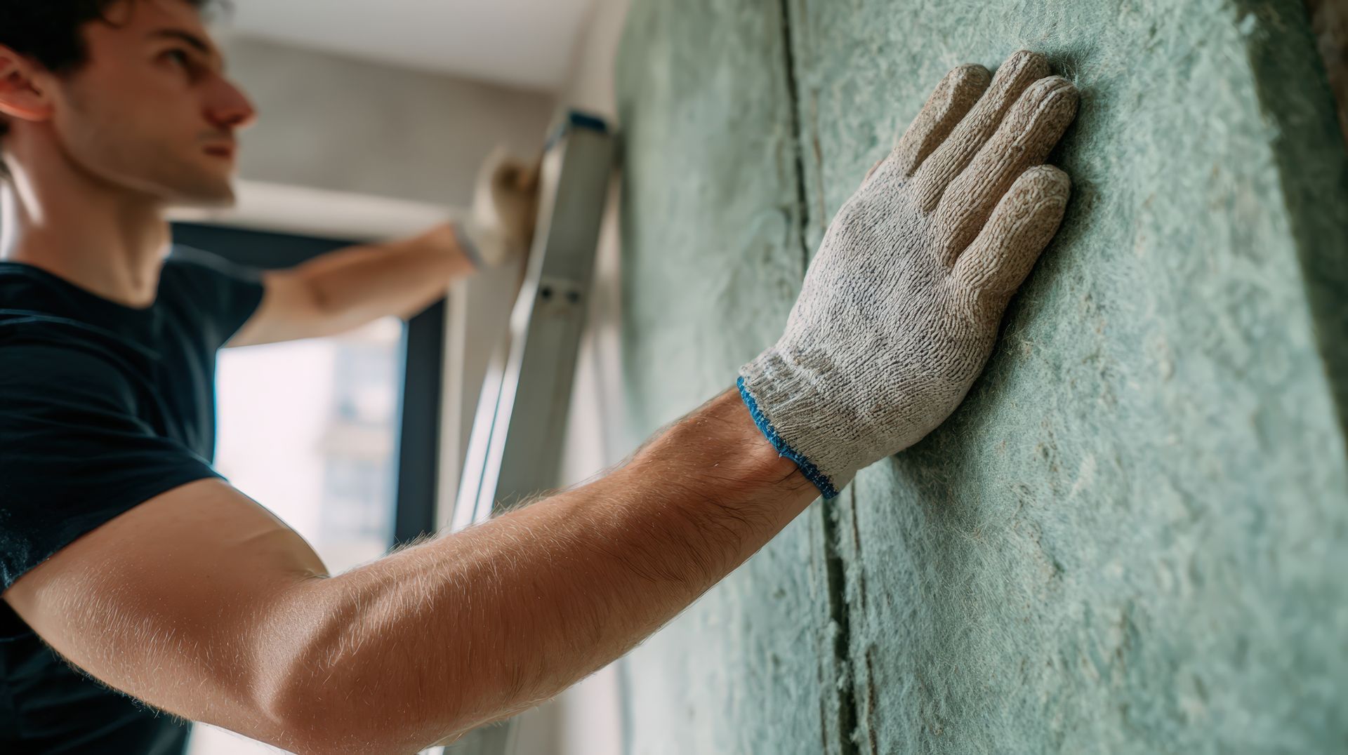 Un homme portant des gants installe de l'isolation verte sur un mur 