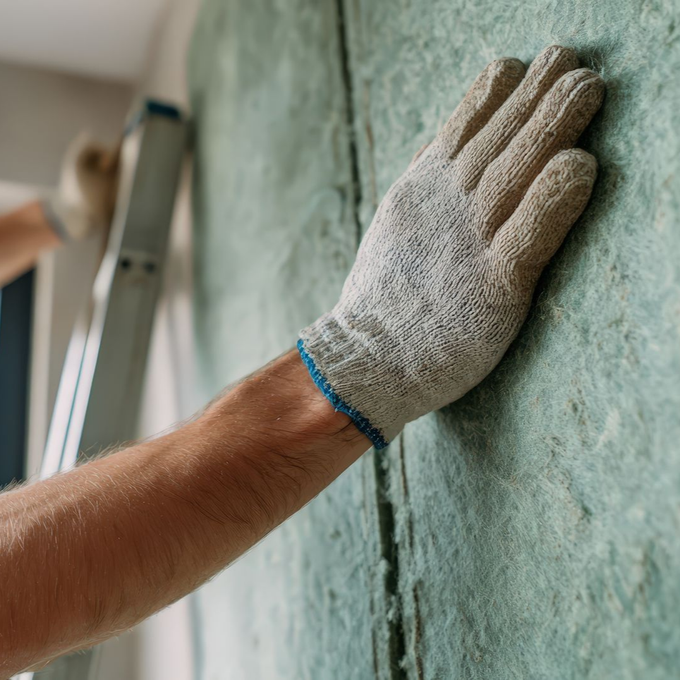 Main portant un gant touchant l'isolant vert sur un mur