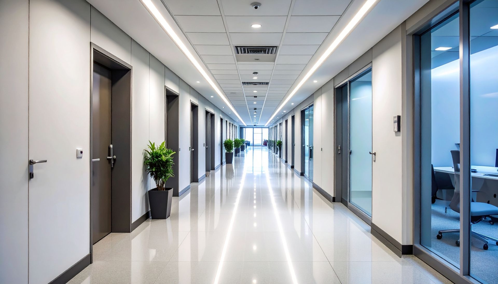 Couloir de bureaux avec faux plafonds et salles vitrées