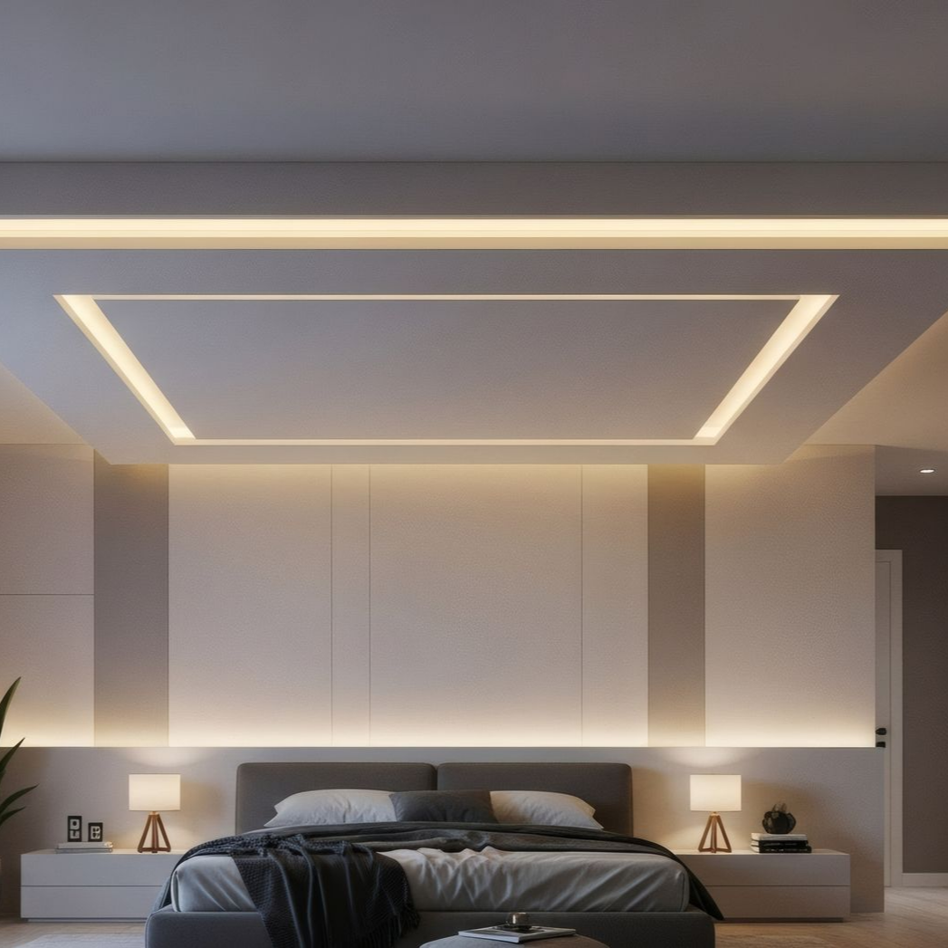 Chambre moderne avec un lit gris, un éclairage encastré au plafond