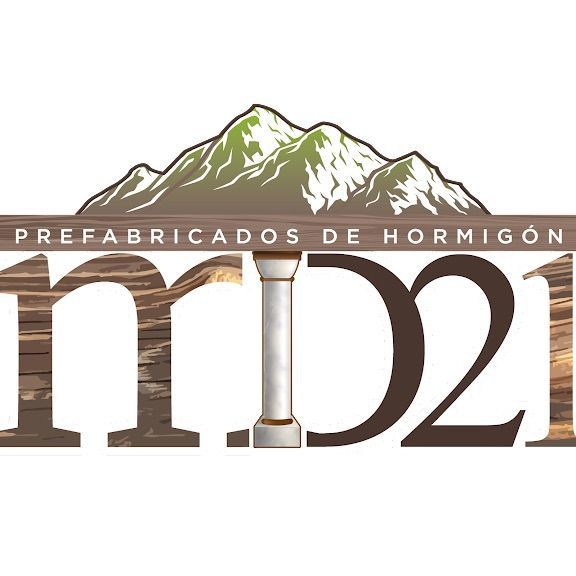 Logotipo para "Prefabricados de Hormigón" con montañas, letras imitación madera y una columna.