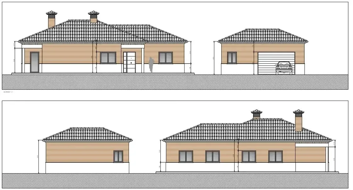 Planos de una casa y garaje anexo. Revestimiento marrón, techo de tejas negras y chimenea. Fondo gris, marcos blancos.