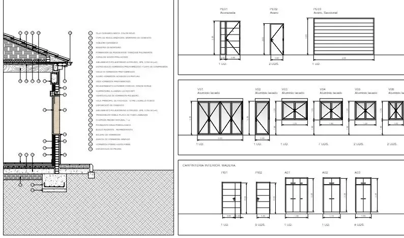 Dibujos arquitectónicos: sección transversal de un edificio, detalles de ventanas y puertas con vistas.