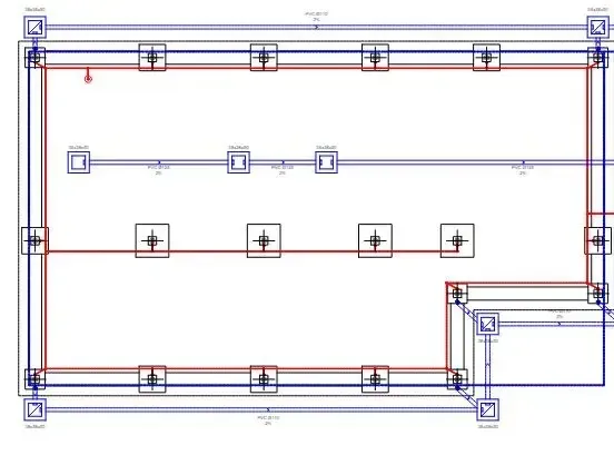 Plano arquitectónico con disposición del cableado eléctrico en rojo y azul.
