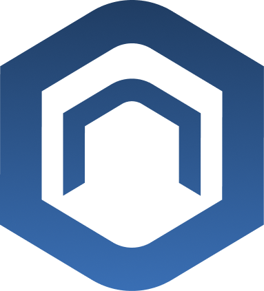 Blue hexagonal logo with a stylized, open
