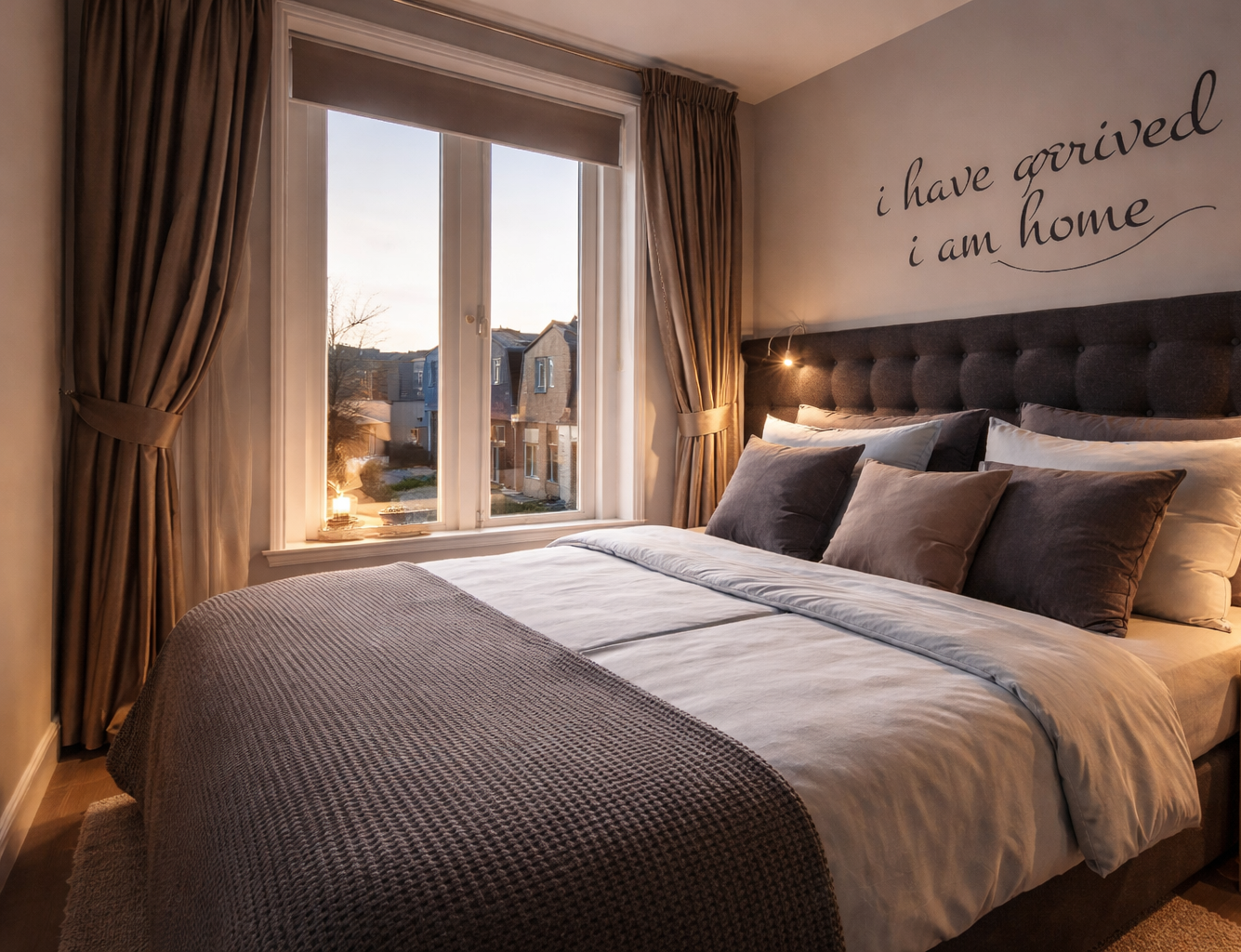Cozy bedroom with a neatly made double bed, soft gray bedding, and a tufted headboard. Warm bedside lights create a relaxing atmosphere, while large windows let in natural evening light and offer a view of neighboring houses outside.
