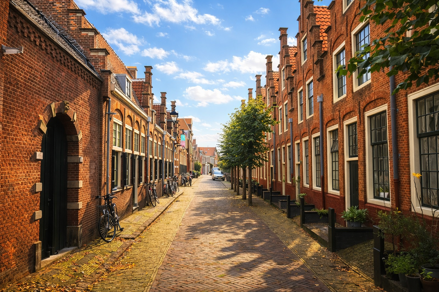 Sunny brick street in a historic Dutch neighborhood, lined with traditional red-brick houses, tall windows, bicycles along the sidewalks, and small trees under a blue sky with scattered clouds.
