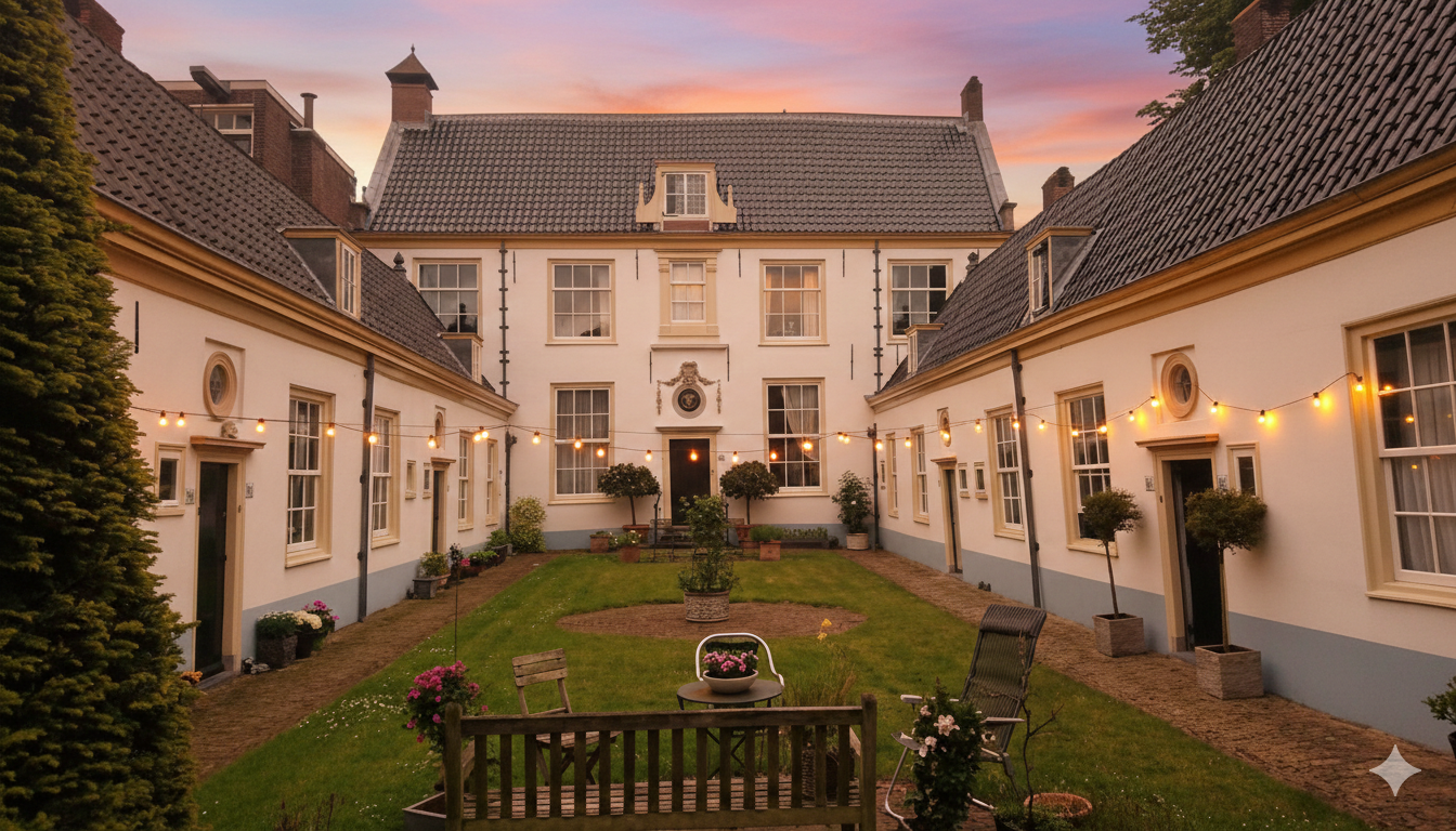 Charming courtyard of a historic building with white facades and tiled roofs, featuring a central lawn, potted flowers, string lights overhead, and a wooden bench in the foreground during early evening.