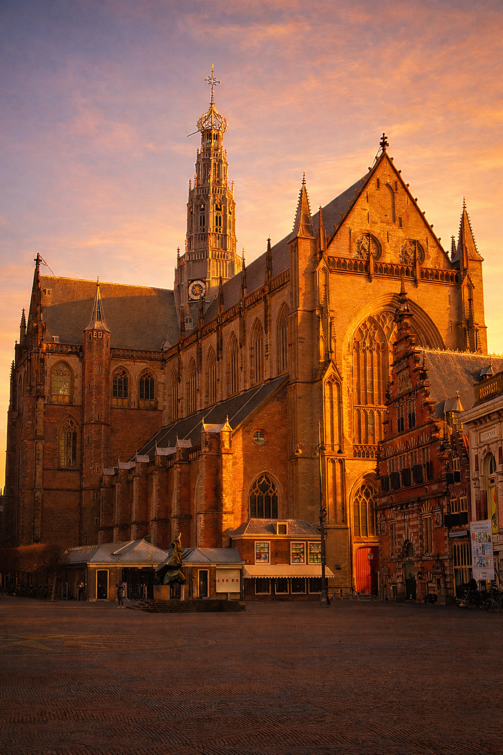 Grote Kerk (St. Bavo Church) in Haarlem glowing in golden sunset light on the Grote Markt.
