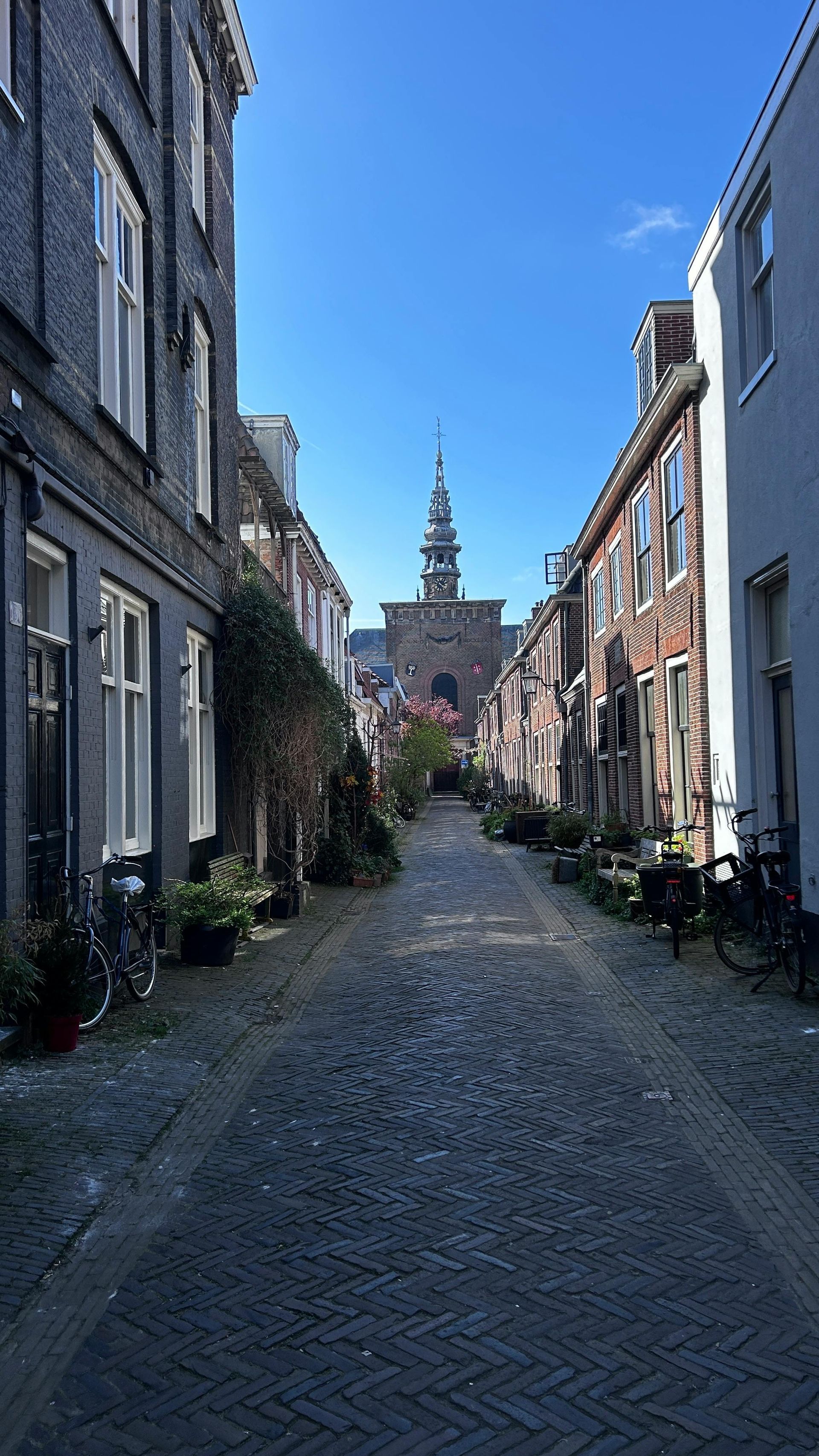 Charming cobblestone street lined with traditional Dutch brick houses and bicycles, leading toward a historic church tower in the background under a clear blue sky.
