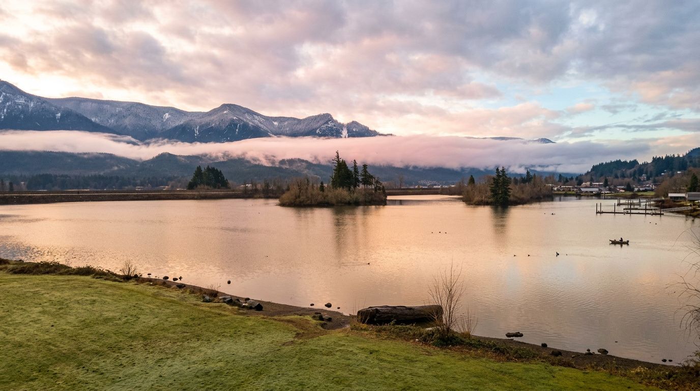 Calm lake at sunset with small islands, snowy mountains, and a grassy shore in the foreground