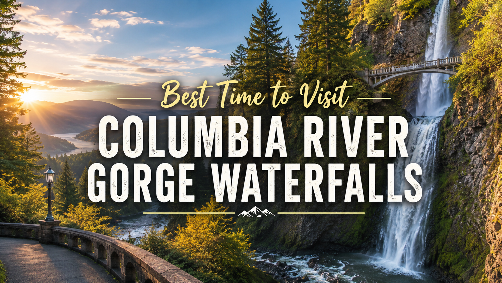 Columbia River Gorge waterfall at sunset with text “Best Time to Visit Columbia River Gorge Waterfalls”