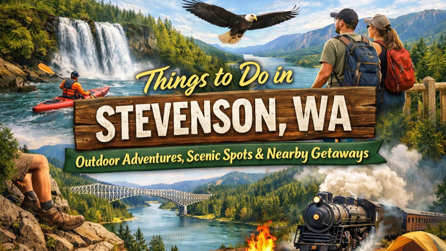 A montage showcasing Stevenson, WA, featuring waterfalls, hikers, a kayaker, a train, and a scenic river landscape.