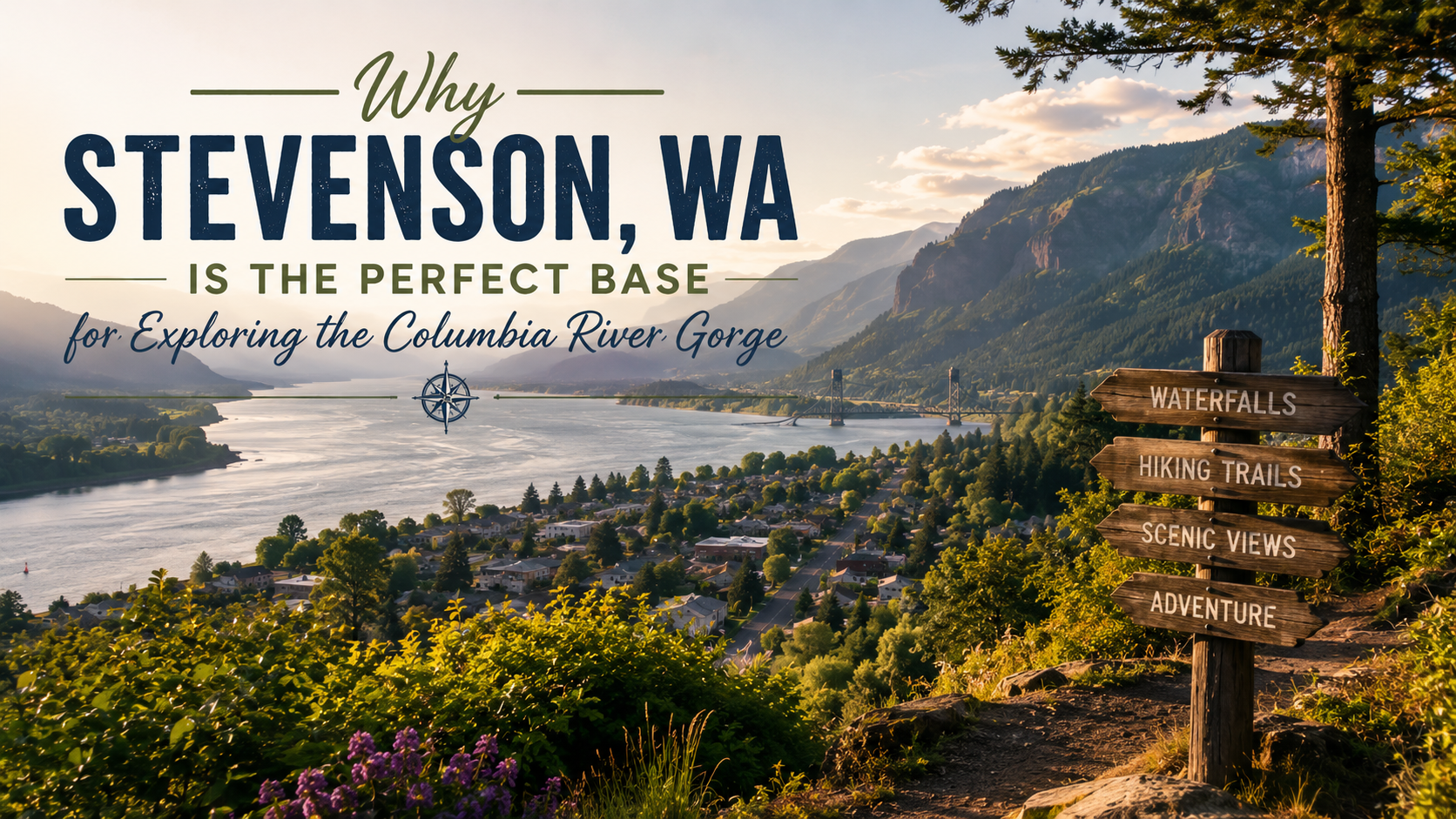 Scenic Columbia River Gorge overlook with valley, river, and a wooden sign reading “Why Stevenson, WA is the perfect base.”