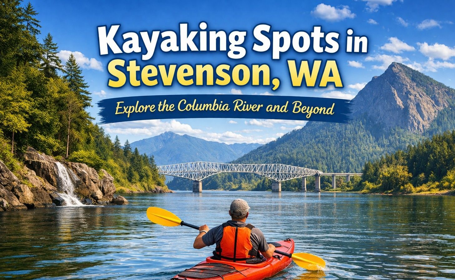 Kayaker in red on a river with forest and mountains; text reads “Kayaking Spots in Stevenson, WA”