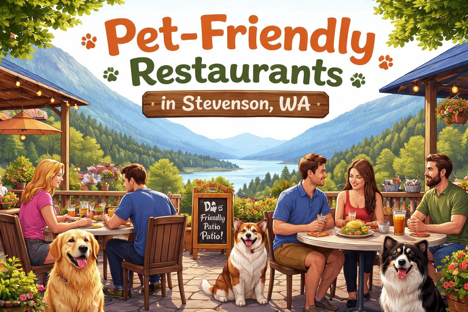 People dining with dogs on a scenic outdoor patio overlooking a lake and mountains, with 