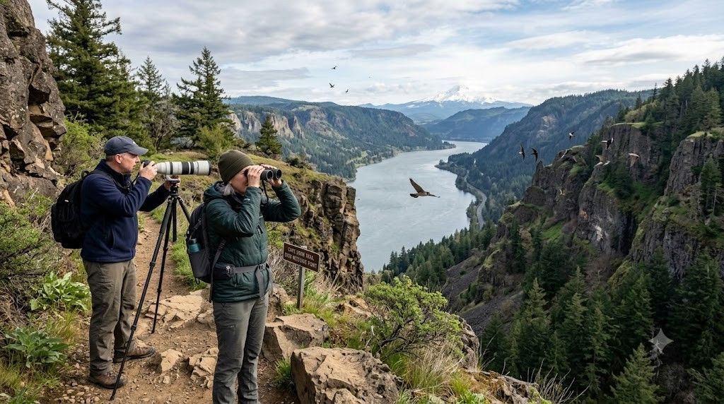 Two hikers with tripods photographing a river valley from a cliffside overlook