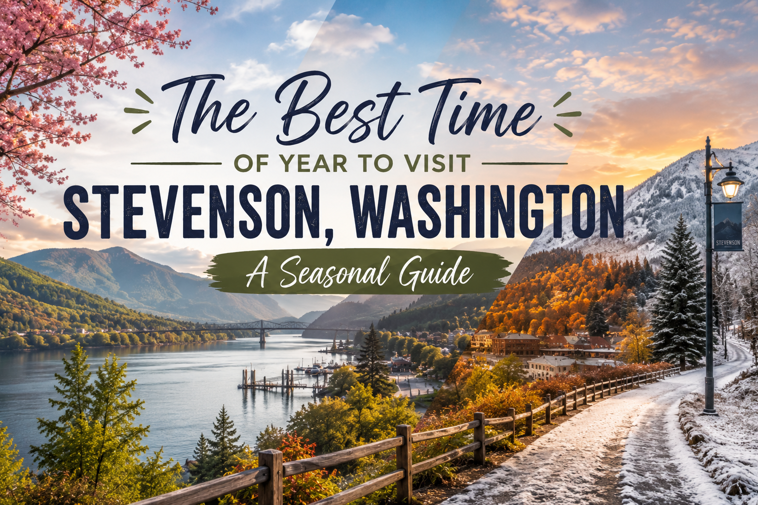 Stevenson, Washington riverside in fall with mountain, evergreens, snowy path, and text “The Best Time to Visit”