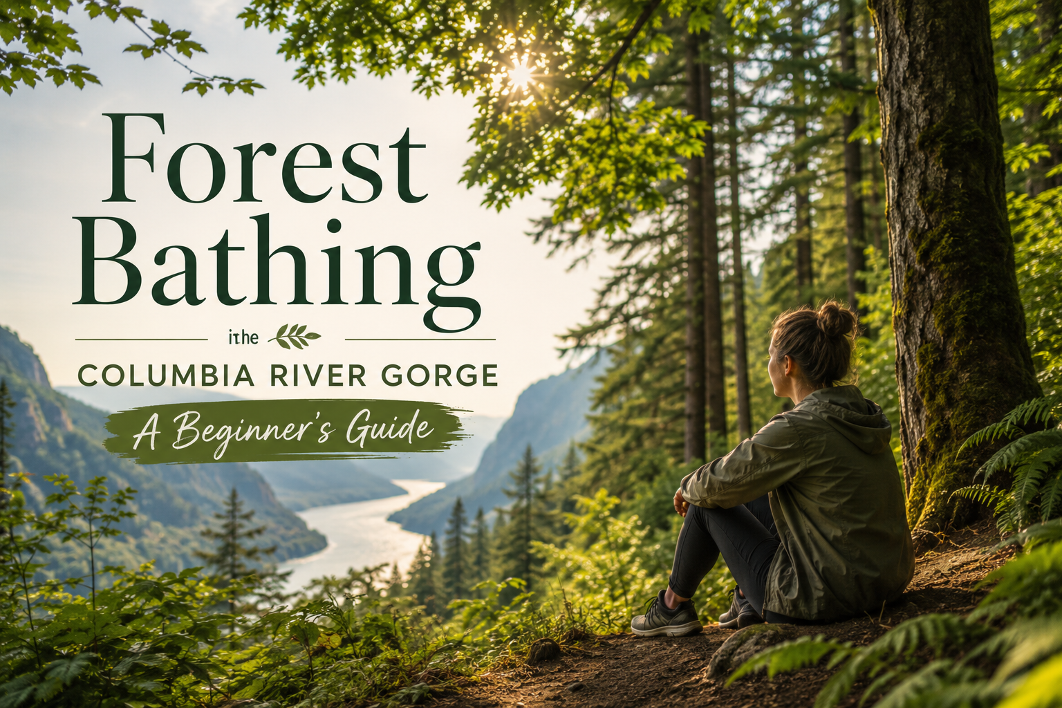 Forest Bathing book cover with a person sitting in a sunlit forest overlooking a lake and mountains