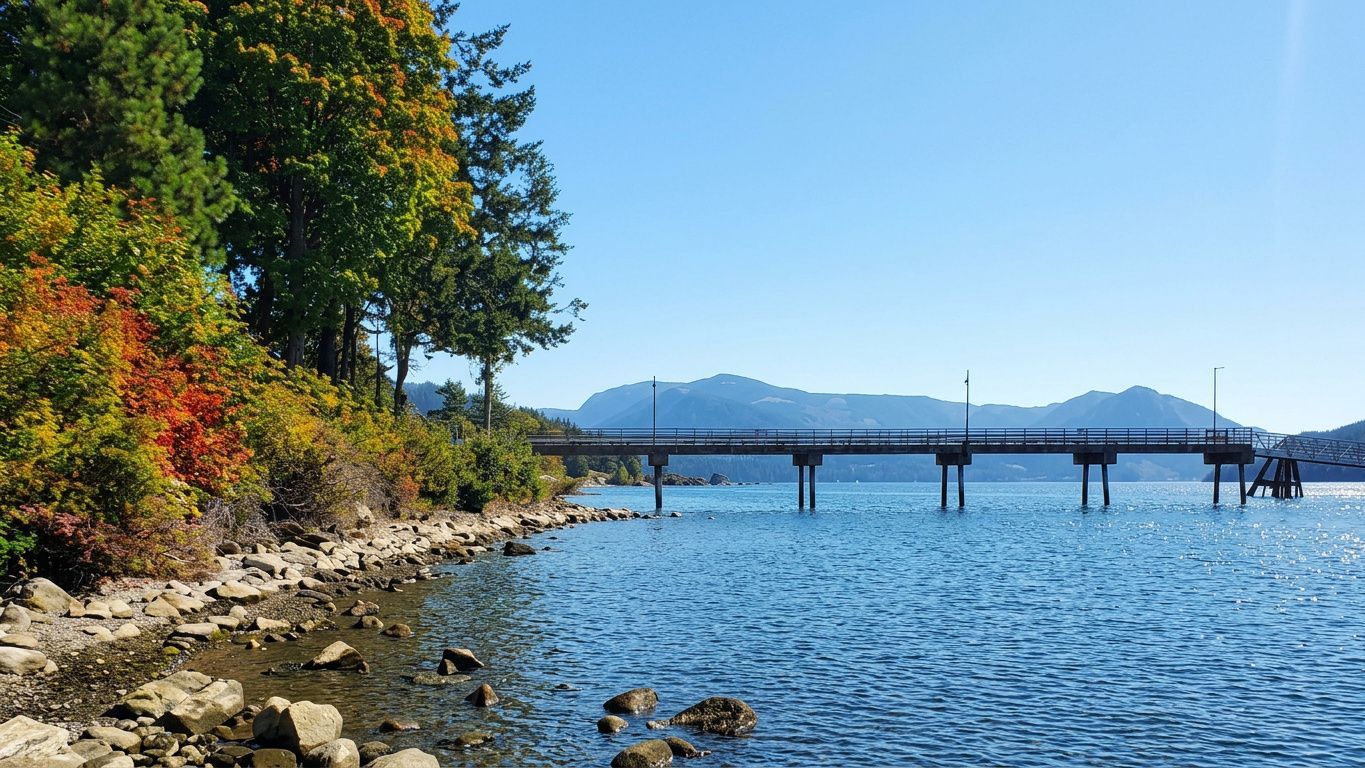 A long pier stretches over calm blue water toward distant mountains, framed by a shoreline with vibrant autumn foliage.