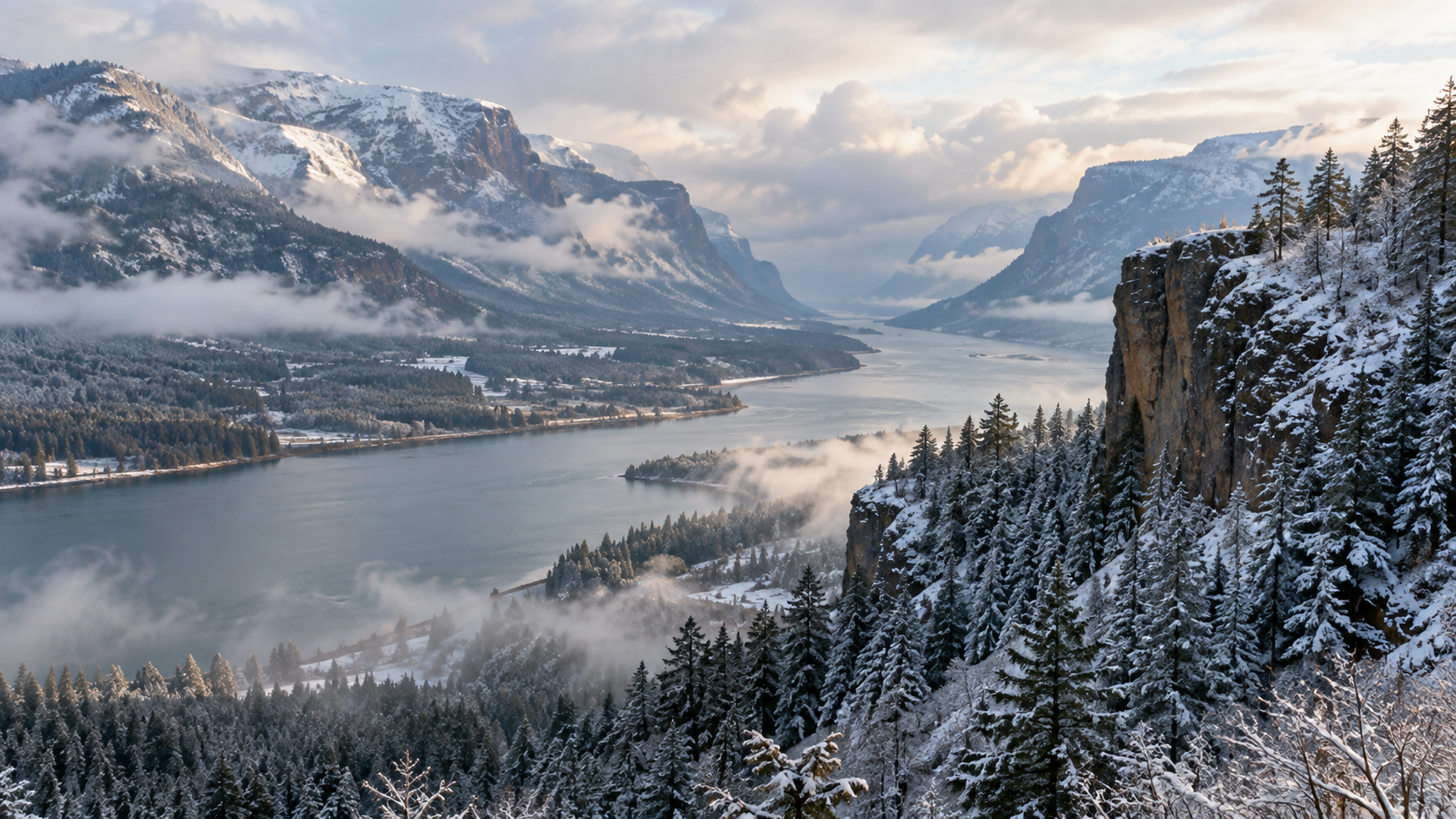 Snow-covered valley and river between mountains, with frosted trees and a cloudy winter sky