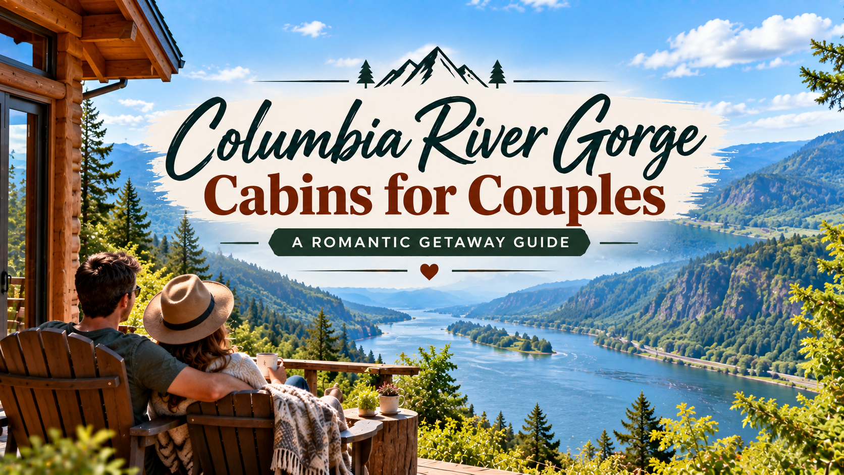 Couple on cabin porch overlooking Columbia River Gorge, with “Cabins for Couples” title text