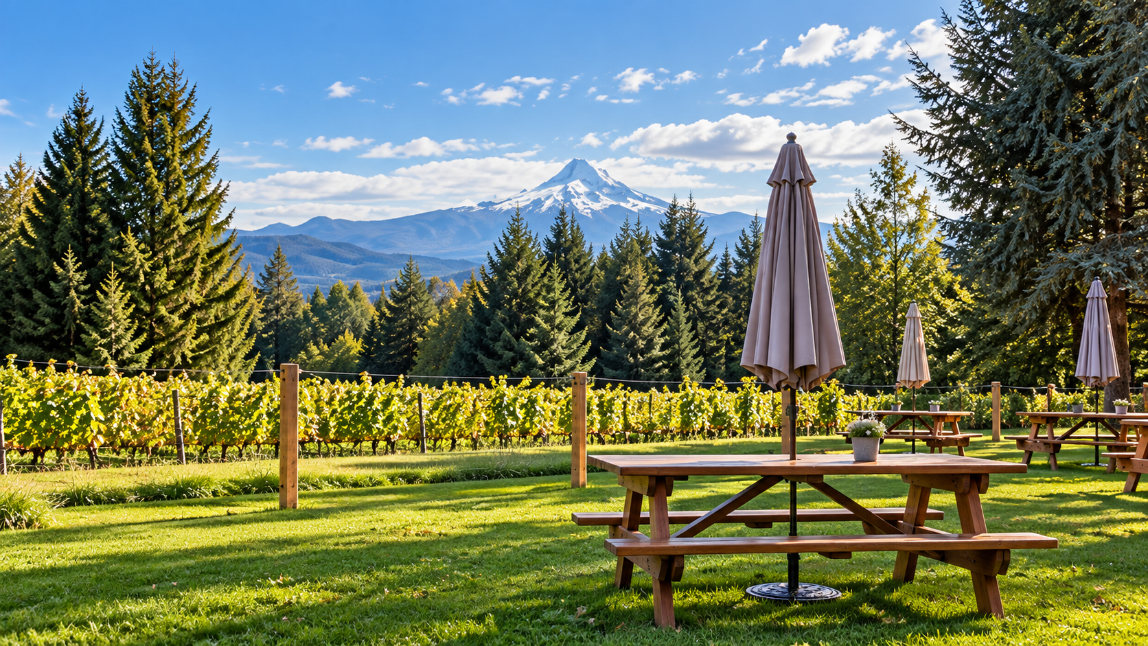 Sunny vineyard patio with picnic tables, umbrellas, green lawn, and mountains in the background
