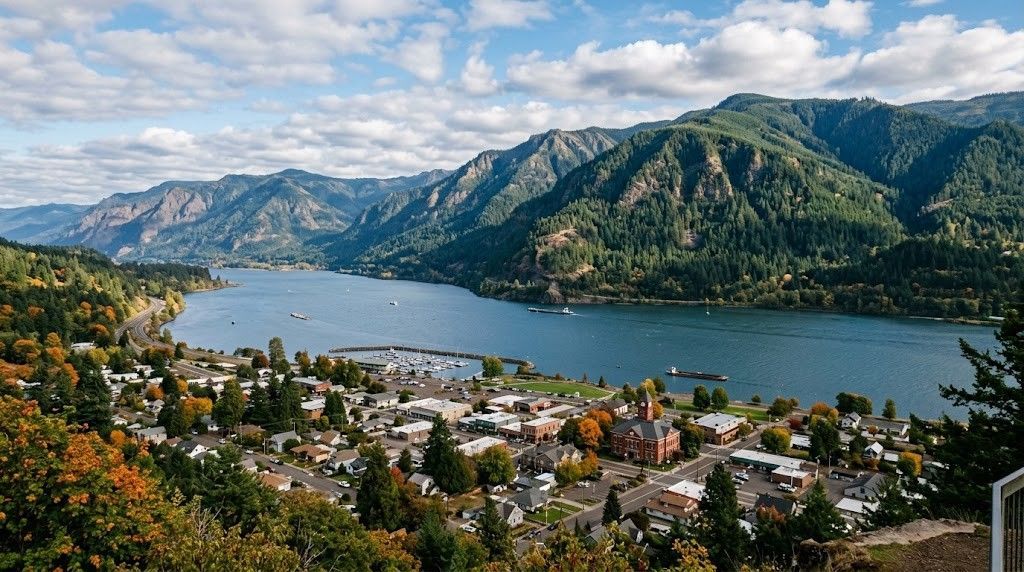 Panoramic lake town with autumn trees, mountains, and clouds under a blue sky