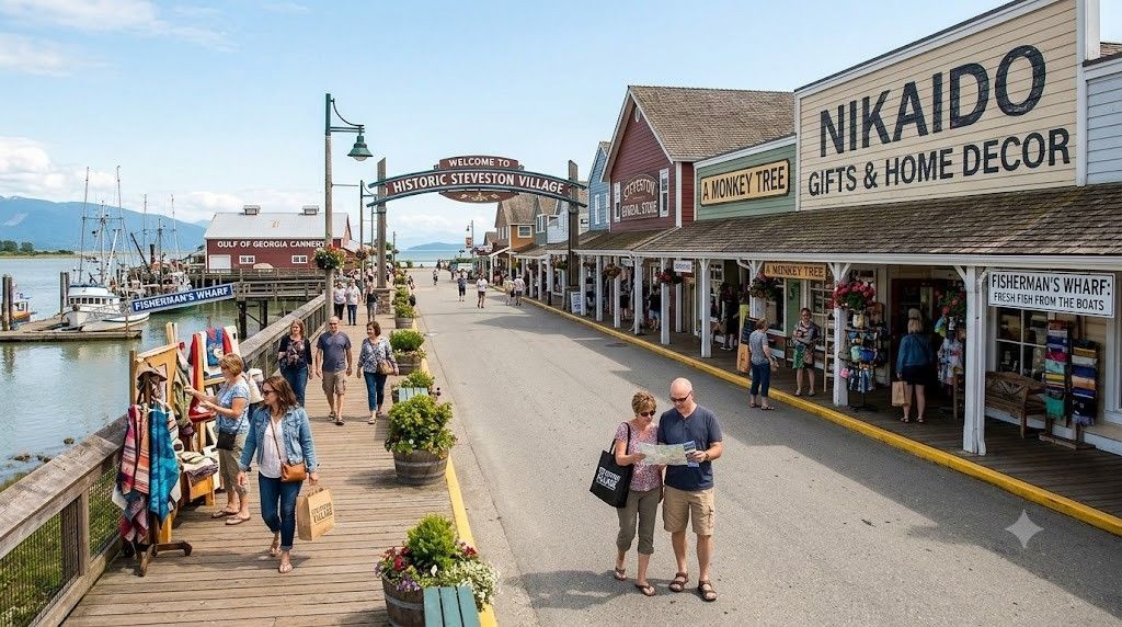 Boardwalk by a harbor with shops, people strolling, and a large Nikaido Toy & Home Decor sign.
