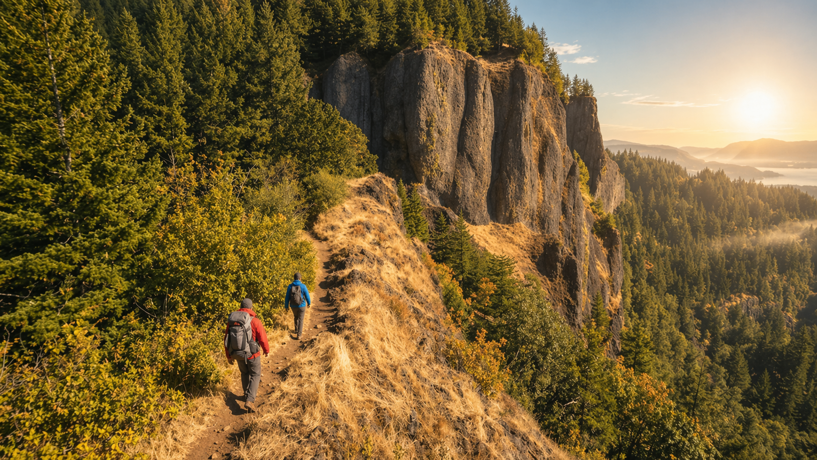 Hikers on a narrow cliff trail above a forest at sunset, with golden light over distant hills