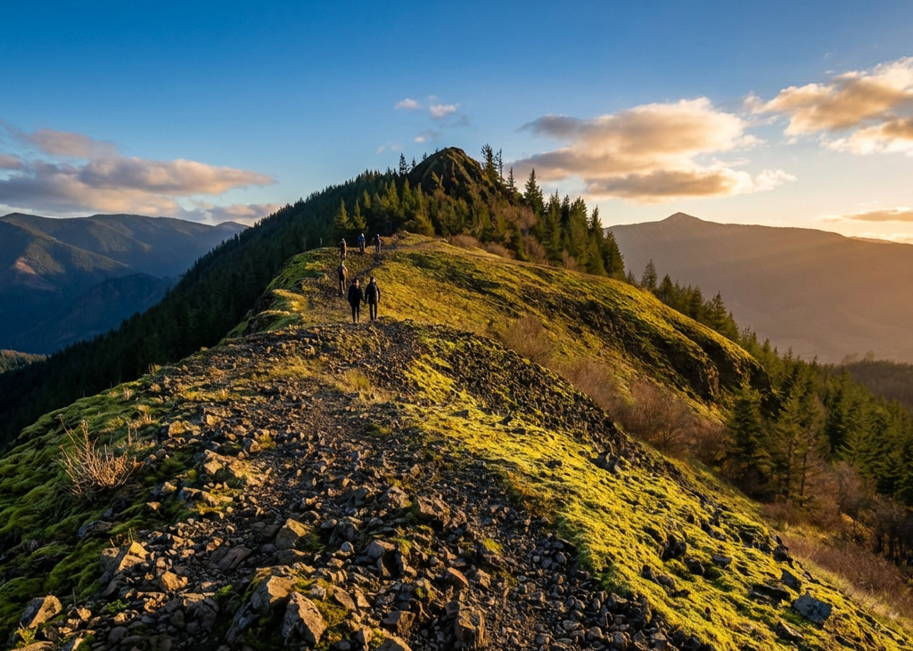 A group of hikers walks along a rocky mountain ridge covered in moss and pine trees during a golden sunset.