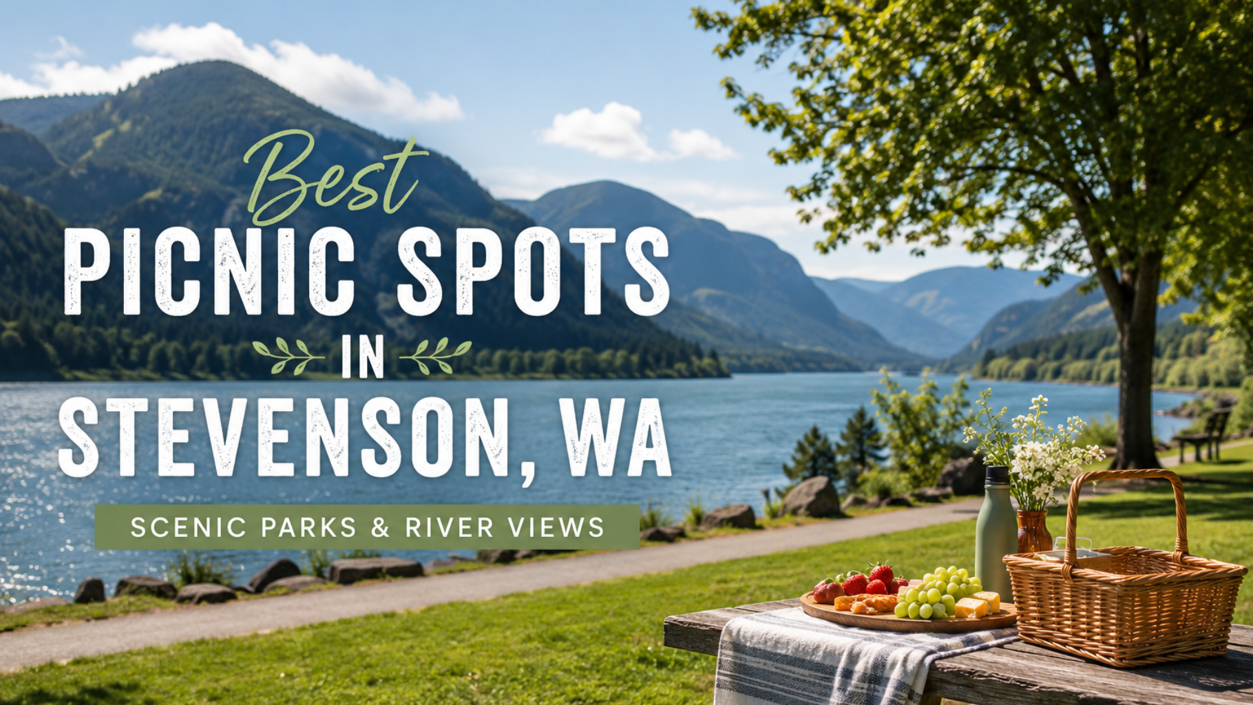 Picnic table by scenic lake and mountains, with text: “Best picnic spots in Stevenson, WA.”