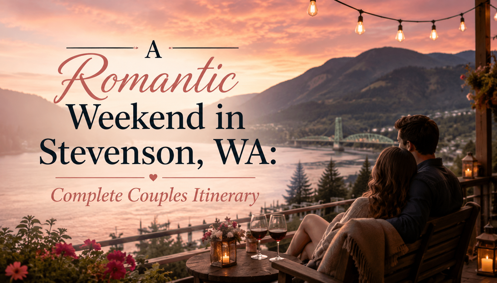 Couple seated at sunset overlooking a coastal town, with text: “A Romantic Weekend in Stevenson, WA: Complete Couples Itinerary”