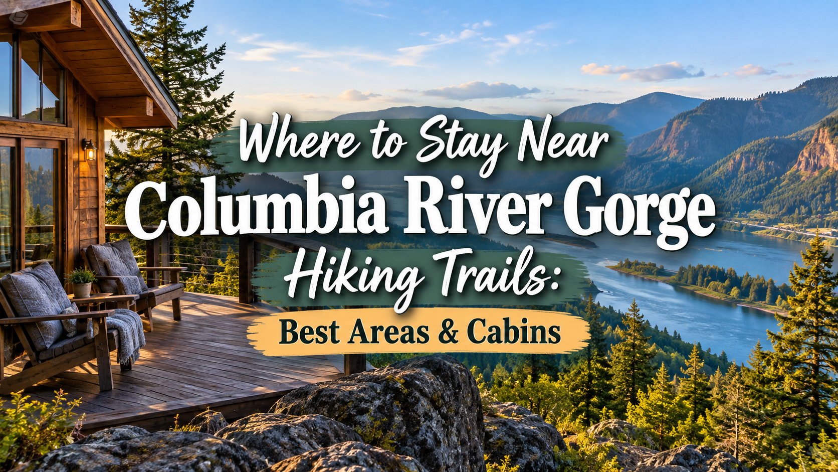 Cabin balcony overlooking Columbia River Gorge with text: “Where to Stay Near Columbia River Gorge Hiking Trails: Best Areas & Cabins”
