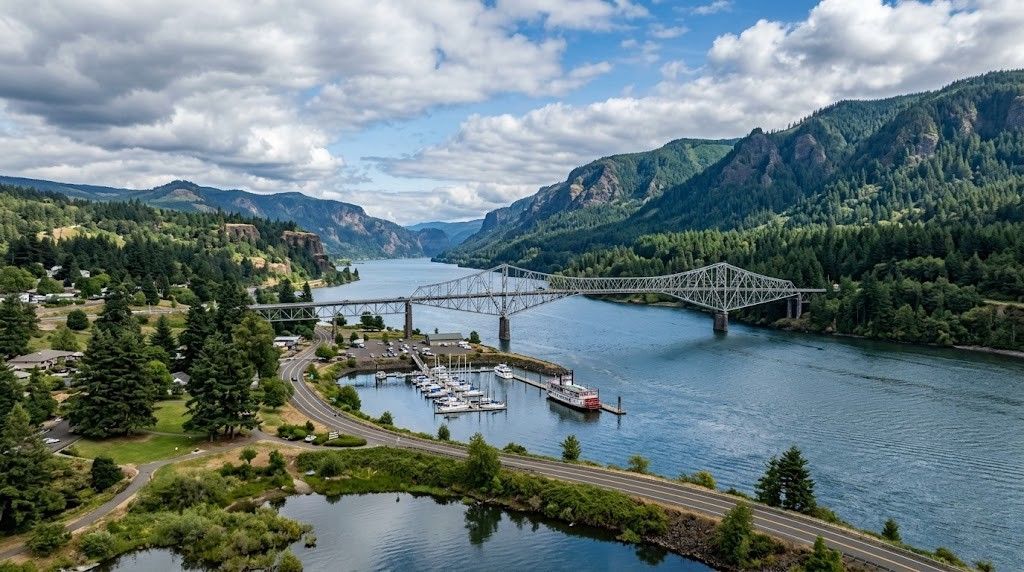 River bridge with boats, green hills, and mountains under a cloudy blue sky
